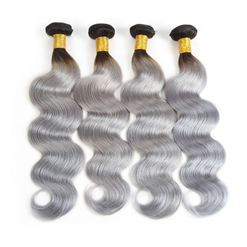 Ombre 1b/Grey Human Hair Weave 1 Piece Double Weft Hair Extensions Body Wave Gray Remy Brazilian Hair Bundles