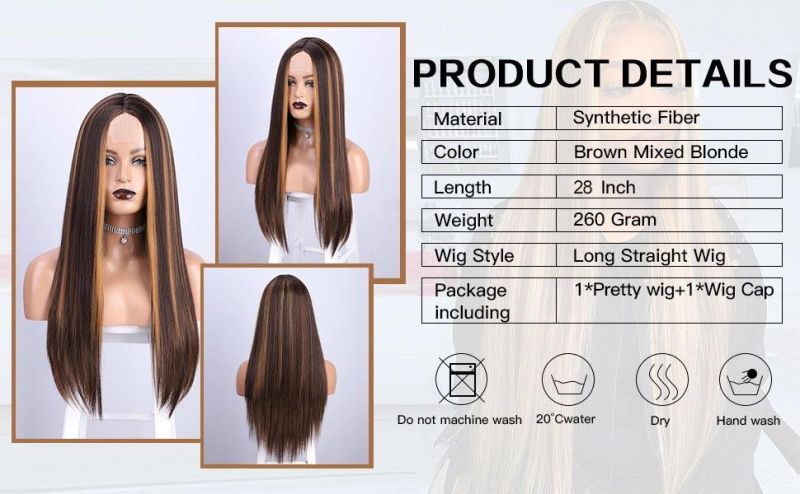 Highlight Ombre Brown Color Synthetic Long Straight Lace Wigs Human Hair
