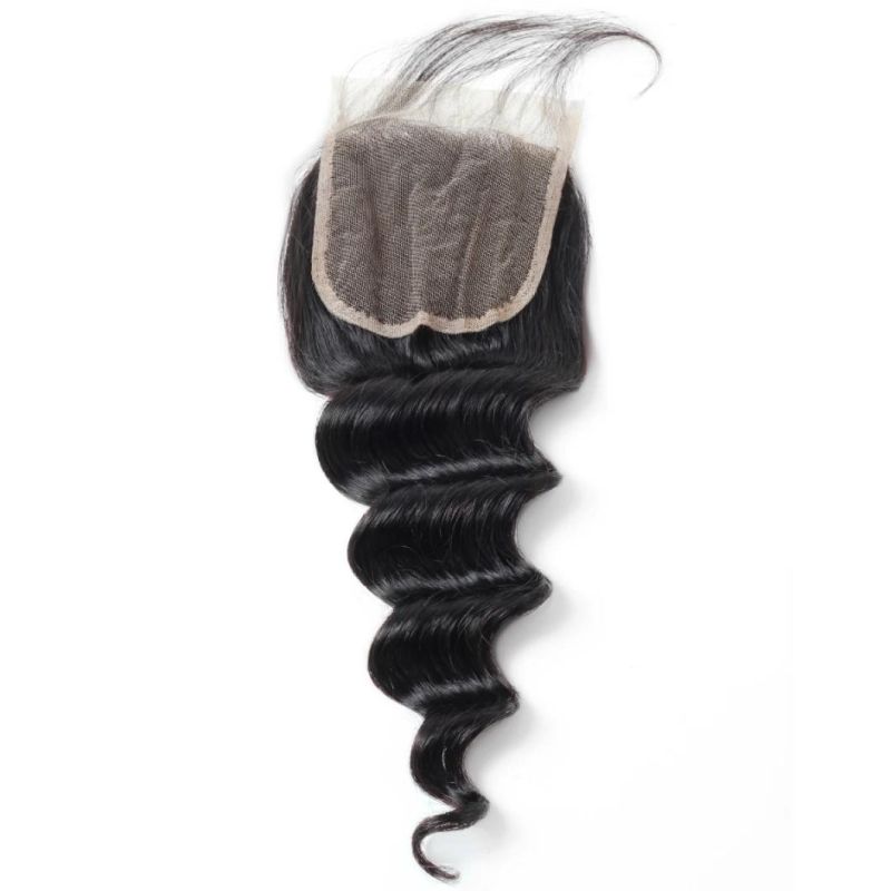 7A Virgin 4*4 Non-Remy Lace Frontal Closure Loose Deep Wavy Free Part Hair Weave #Black