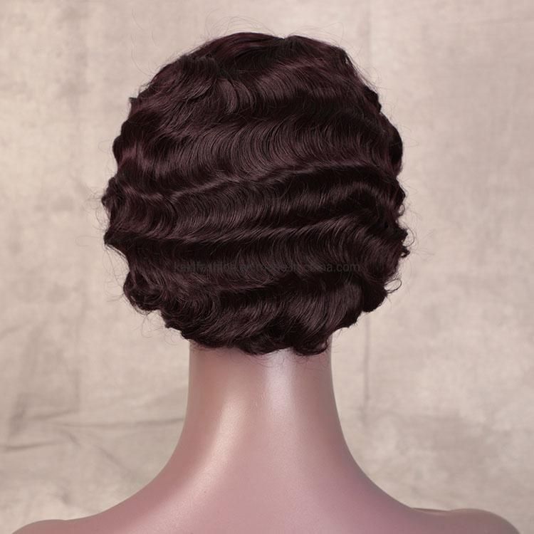 Wholesale Short Pixie Cut Finger Wave Wine Red Wig with Bangs for Black Women Synthetic Hair Wigs