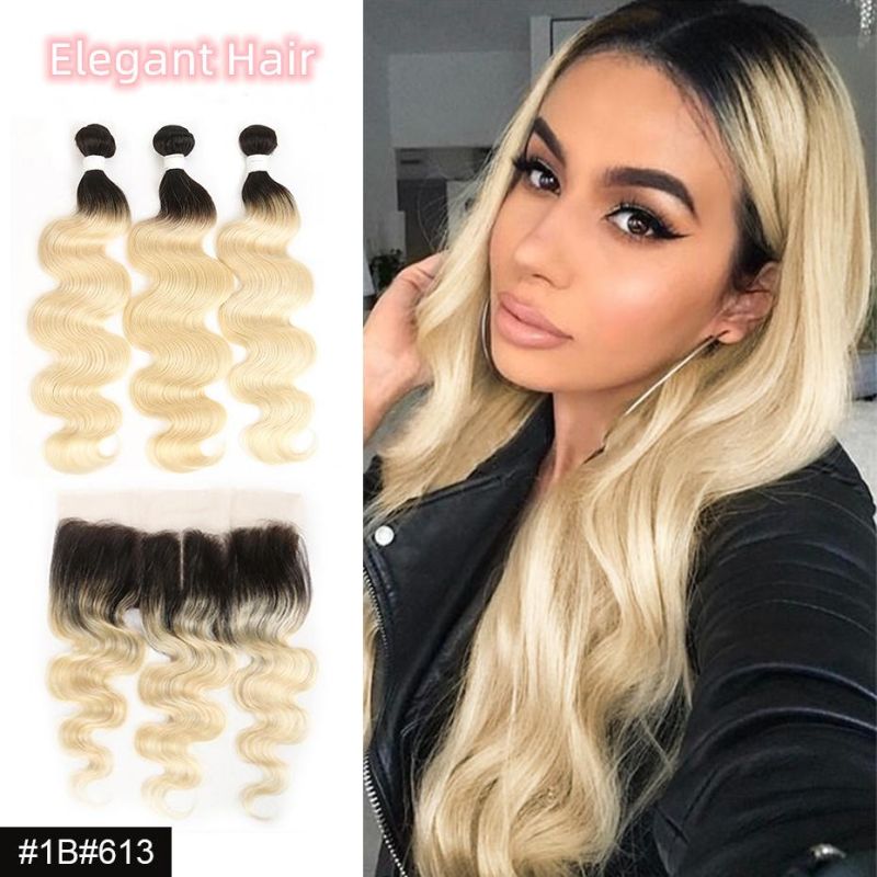 1b 613 Dark Root Blonde Ombre Brazilian Remy Body Wave Hair Extensions with 13X4 Lace Frontal Closure Free Middle Part Honey Blonde Bundles with Frontal