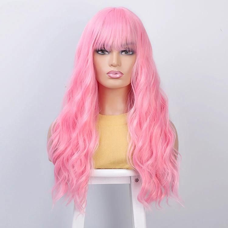 26 Inch Cute Pink Long Body Wavy Curly Wigs Hair with Air Bangs Fluffy Natural Lolita Wig for Women