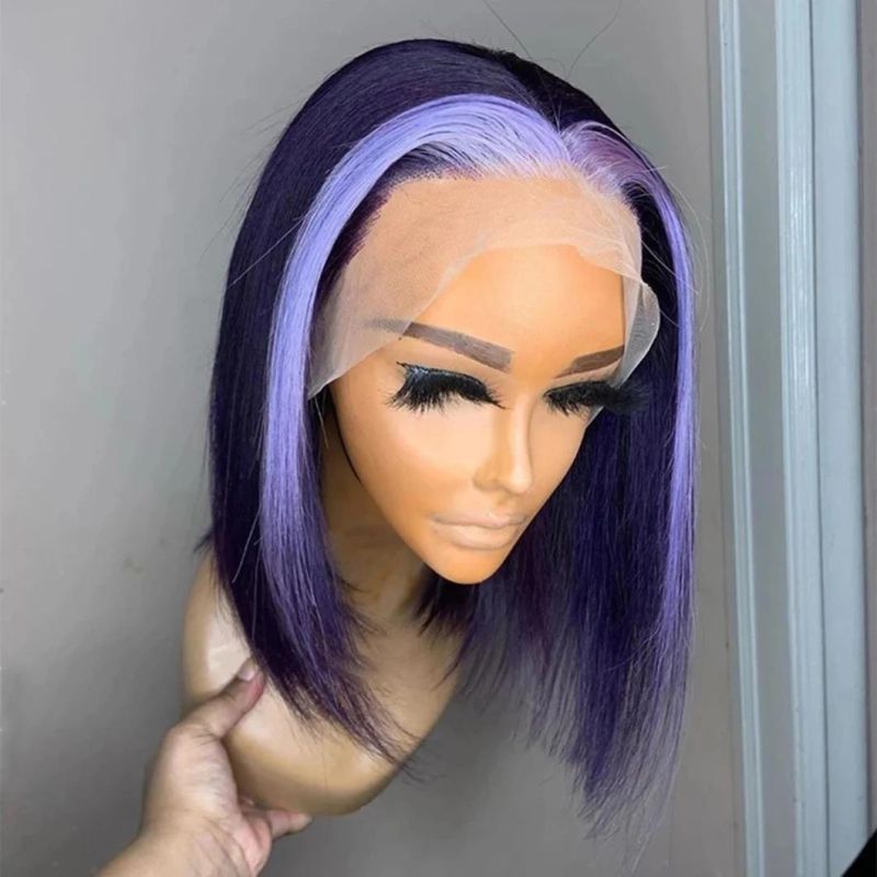 13X4 Lace Part Human Hair Wigs Silky Straight Light Purple Color Bob Wig for Black Women Pre Plucked with Baby Hair 12 Inches