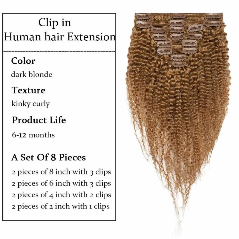 Kbeth Human Hair Extension for Afro American Black Women #27dark Blonde Afro Kinky Curly Clip in 100% Unprocessed Brown Remy 8PCS/Set 120g Human Hair Extensions
