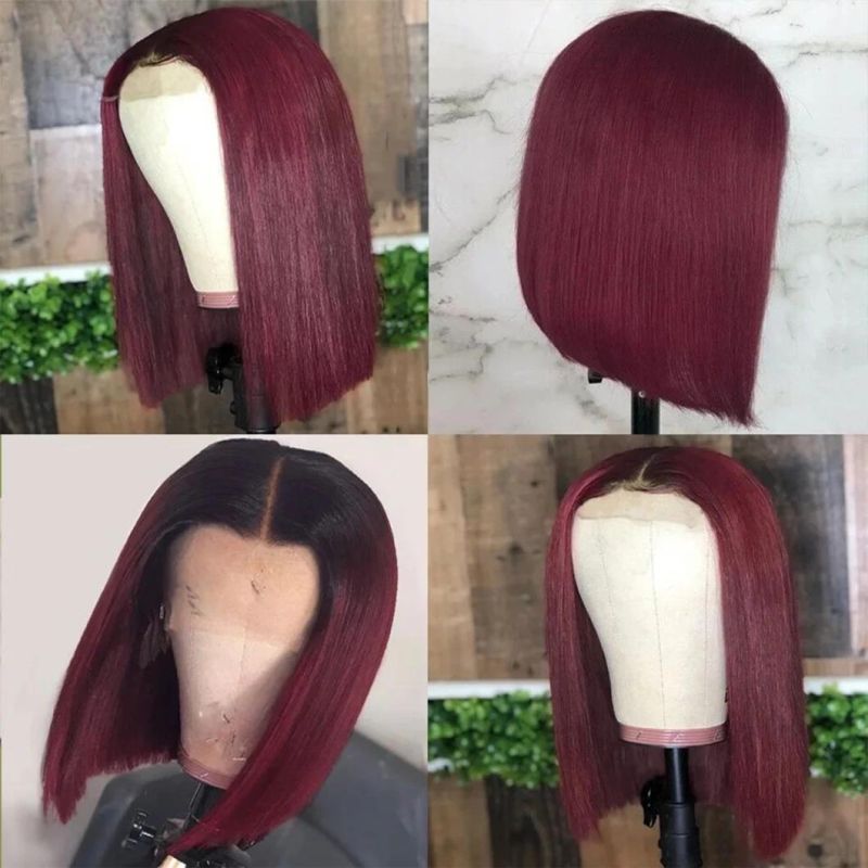 Short Bob Lace Front Human Hair Wigs with Baby Hair Pre Plucked Remy Hair Wigs Dark Red 99j