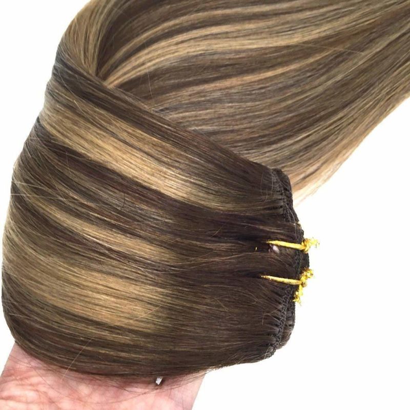 24 Inch Clip in Hair Extensions Ombre Chocolate Brown to Caramel Blonde Remy Clip in Human Hair Extensions Straight Real Natural Hair Extensions 120g 7PCS