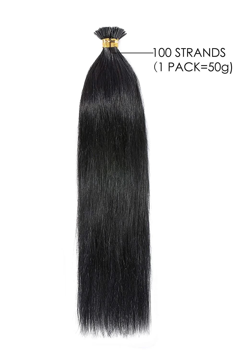 18 Inch Pre Bonded I Tip Human Hair Extensions 100 Strands 0.5g Per Strand Cold Fusion Extensions 50g Soft Straight Keratin Stick Tip Hair Extensions #1 Jet Bla