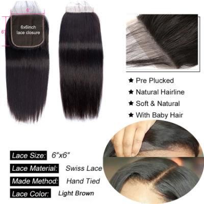 Straight 6X6 Lace Closure Brazilian Remy Human Hair Pre Plucked Natural Hairline Closure Free/Middle/Three Part with Baby Hair