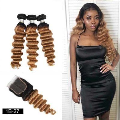 Kbeth Peruvian Deep Wave Remy Human Hair Bundles with Closure Ombre Brown Color Closure with Bundles for Black Women