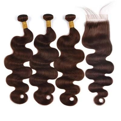 #4 Bundles with Closure Human Hair Natural Brazilian Bundles Body Wave Bundles Light Brown Color Brown Human Hair Weave Bundles