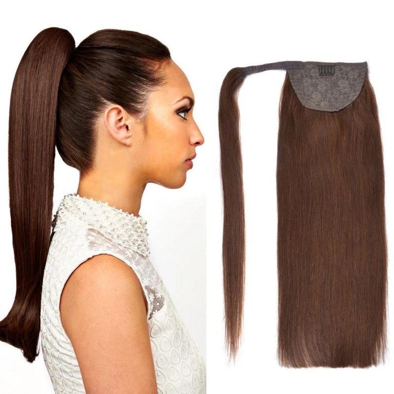 Kbeth Human Hair Extensions Ponytails Clip in Wrap Around Natural Straight #4 Medium Brown Ponytail 100% Cuticle Aligned Brazilian Hair Extension