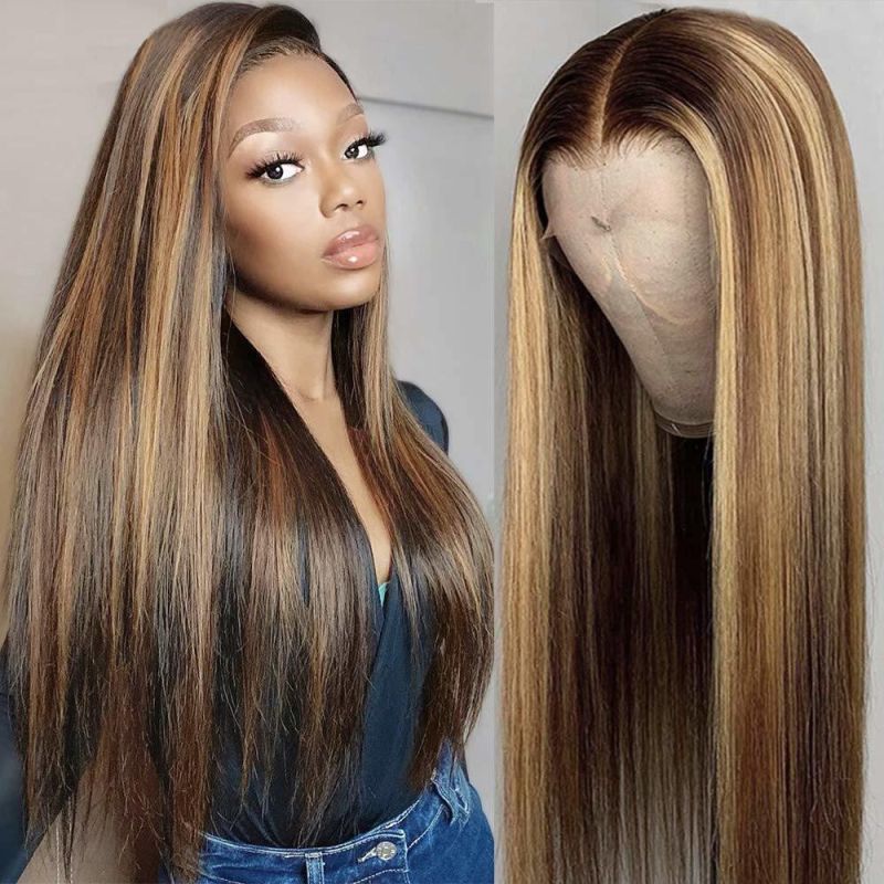 Kbeth Hair #4t4/27 Color Ombre Balayage Medium Brown with Honey Blonde Highlights Straight Wave Lace Front Wigs