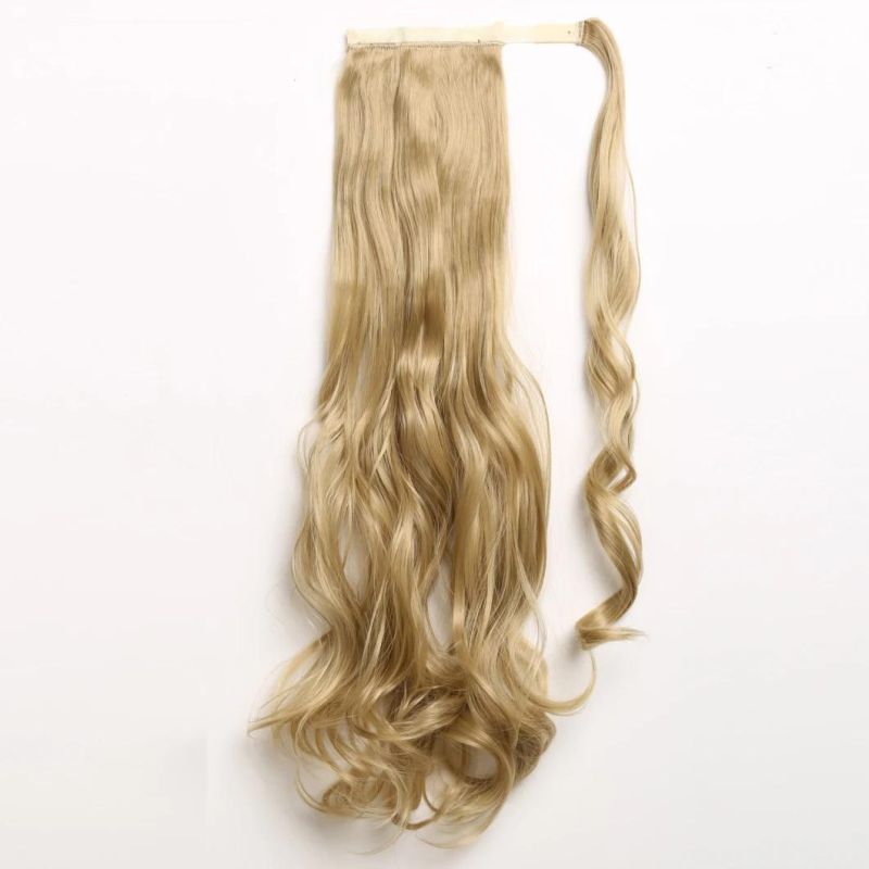 Ombre Brown Long Curly Ponytail Hairpiece Synthetic Magic Paste Ponytail Wrap Clip in Hair Extension