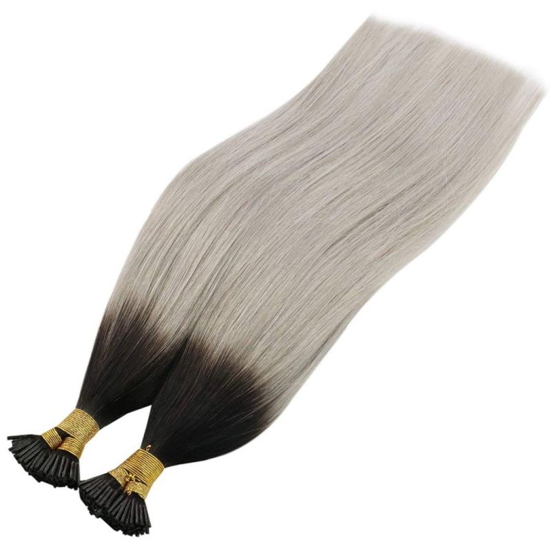 Ombre I Tip Hair Extensions 18inch Human Hair Natural Black to Grey Silky Straight I Tip Extensions Human Hair Ombre Remy Human Hair 50g