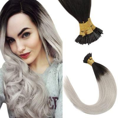 Ombre I Tip Hair Extensions 18inch Human Hair Natural Black to Grey Silky Straight I Tip Extensions Human Hair Ombre Remy Human Hair 50g