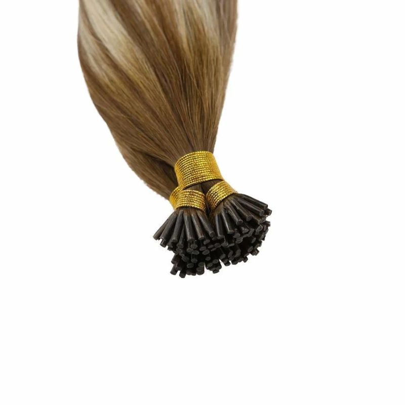 Balayage I Tip Extensions, Medium Brown Highlighted Platinum Blonde Natural Hair Pre Bonded Hair Extensions Human Hair 24inch 1g/Strand 50g/Package