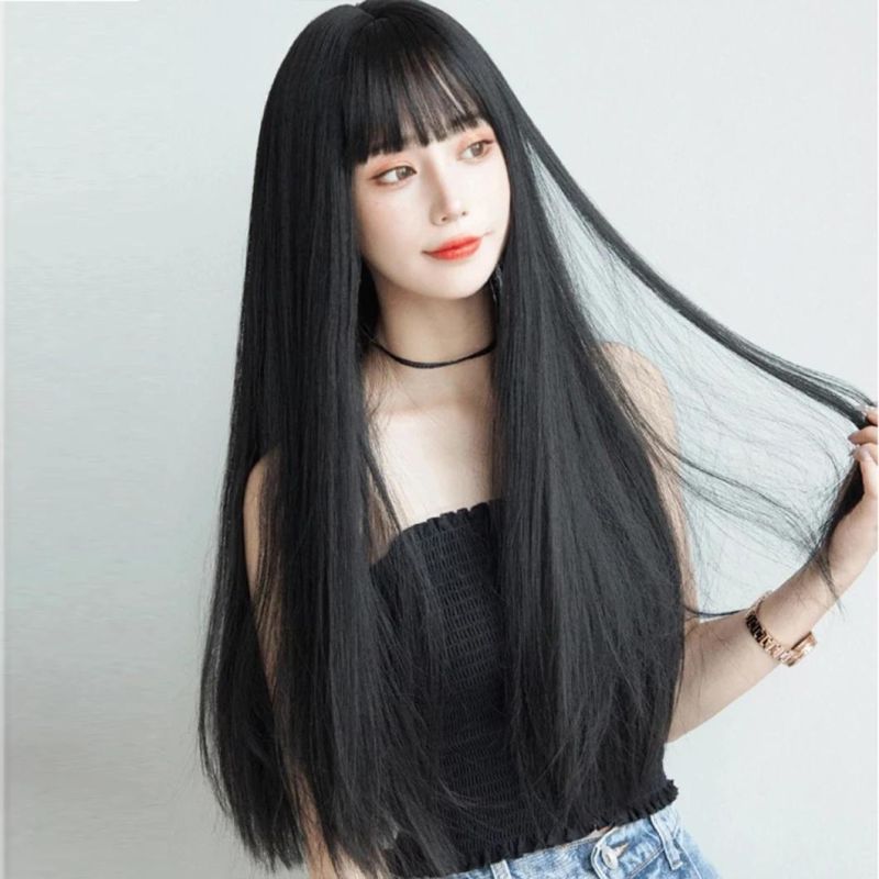 Brazilian Human Hair Lace Front Women Wig Female Hair Wigs with Closure with Bang Cosplay Black Long Straight Wig 24 Inch