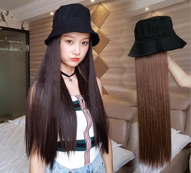 2020 Black Color 22′′ Popular Fashion Synthetic Wig with a Fisherman Bucket Hat for Young Ladies