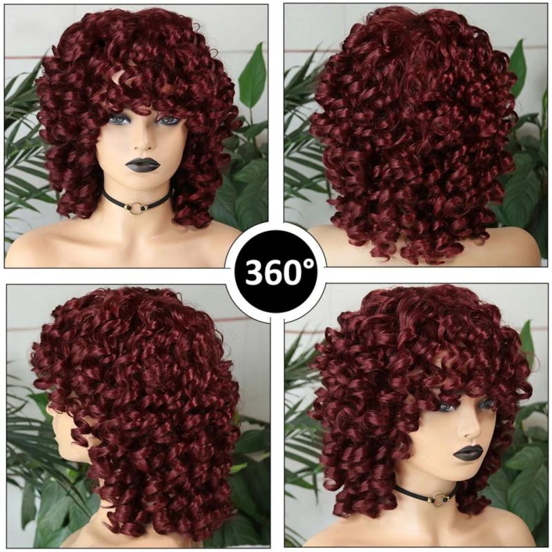 Wholesale Price Human Hair Short Hair Afro Curly Wig with Bangs Loose Fluffy Shoulder Length Natural Lace Front Brazilian Hair Wigs for Black Women 14 Inches
