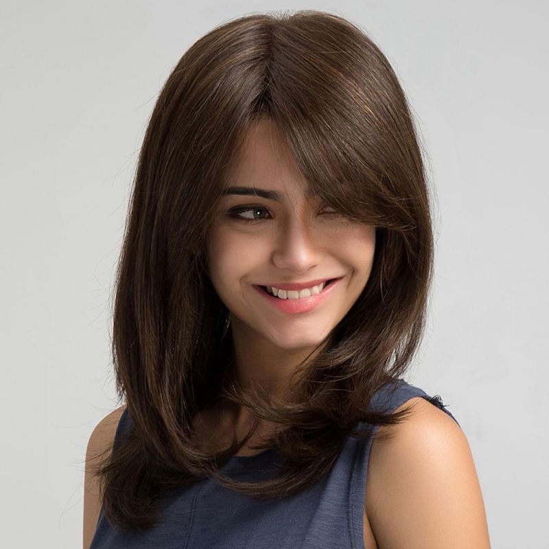 Dark Brown Brazilian Hair Lace Front Wig with Closure Daily Natural Wave Human Hair Wigs for Women Side Part Hair with Bangs 18 Inch