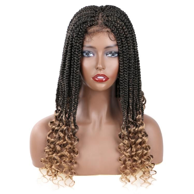 18inch Long Curly Heat Resistant Natural Full Handmade 4X4 Lace Front Synthetic Braids Wig