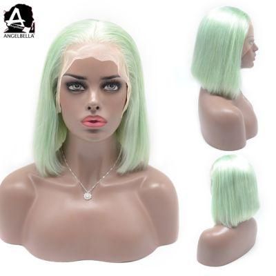 Angelbella Full Density Human Hair Lace Front Wigs 1b#-Light Green Silk Straight Hair Bob Wig