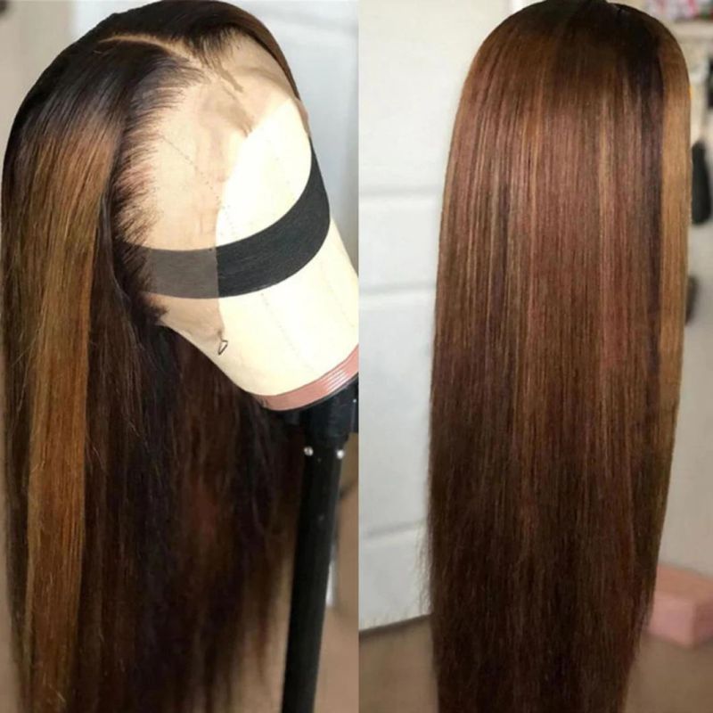 Straight Lace Front Wig Human Hair Ombre Brown Wig Highlight Colored Transparent HD Lace Frontal Wig Full Pre Plucked 30 Inches
