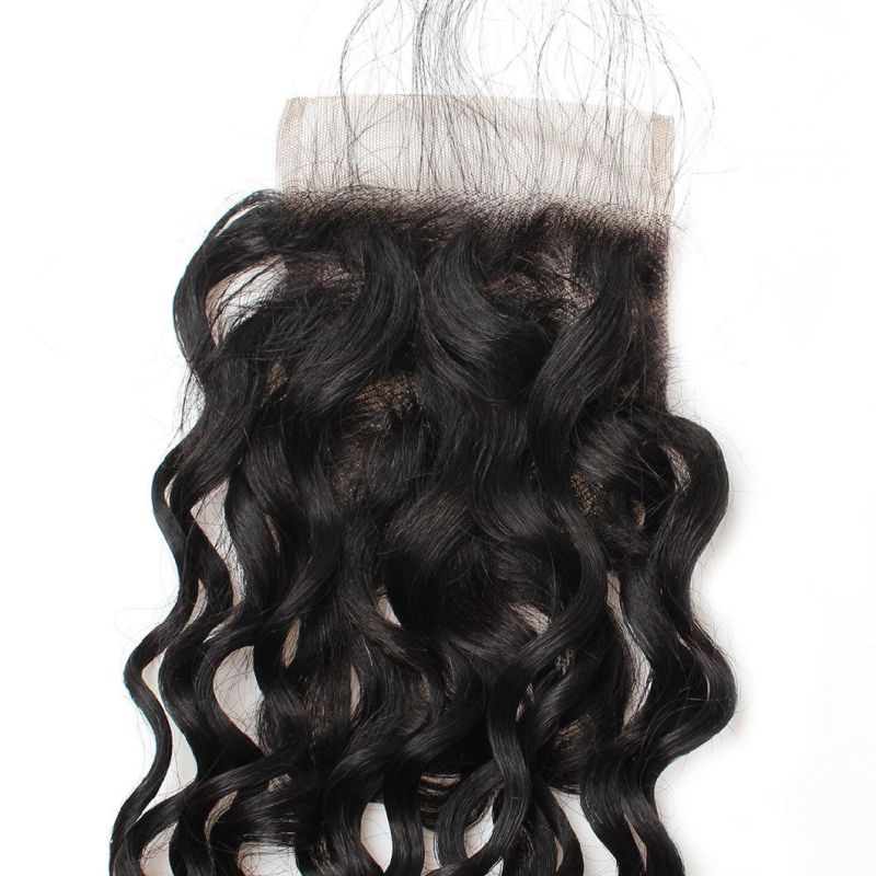 7A 4*4 Virgin Lace Frontal Closure Non-Remy Water Wavy Free Part Hair Weave #Black