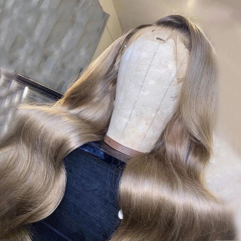 Long Ombre Light Ash Brown Blonde Wavy Wig Human Hair Wig for Women 150 Density T Lace Part Wig Remy Brazilian