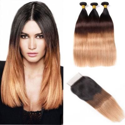 Ombre Brazilian Silky Straight Human Hair Weft 3 Bundles with Closure Three Tone Honey Blonde Weaving Hair Extension Hair Color