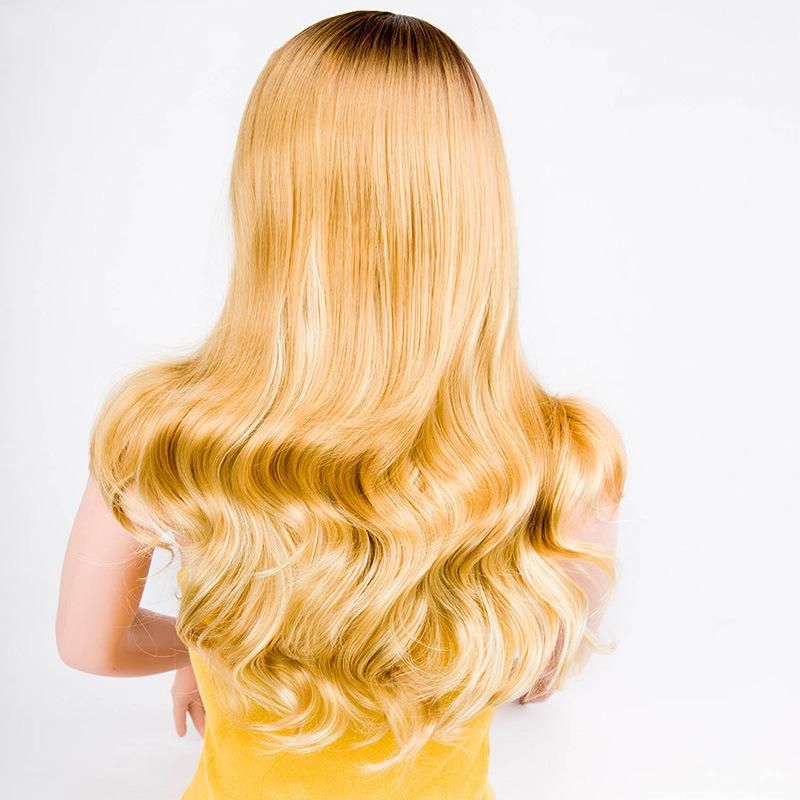24 Inch Golden Body Wavy Synthetic Long Wigs Machine Made Human Hair for Women