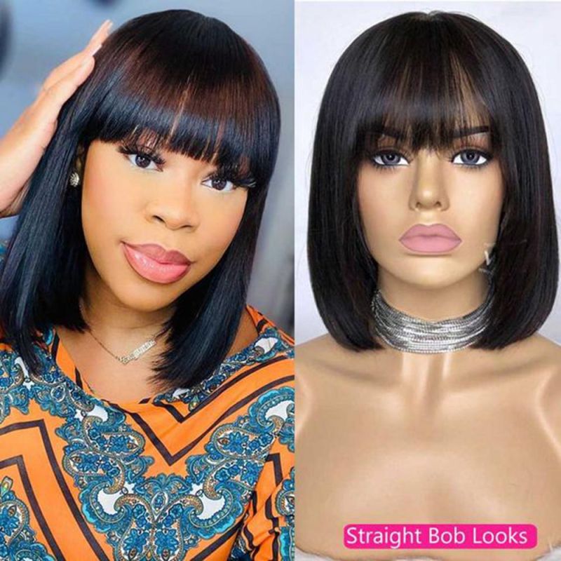 Kbeth Machine Made Wig Good Price for Europe Women 2022 Spring Summer Fashion 14 Inch Sexy Women No Lace Bob Human Hair Wigs with Bangs 1 Day Shipping