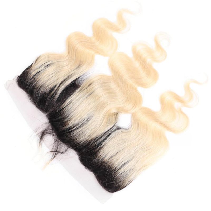 1b 613 Dark Root Blonde Ombre Brazilian Remy Body Wave Hair Extensions with 13X4 Lace Frontal Closure Free Middle Part Honey Blonde Bundles with Frontal