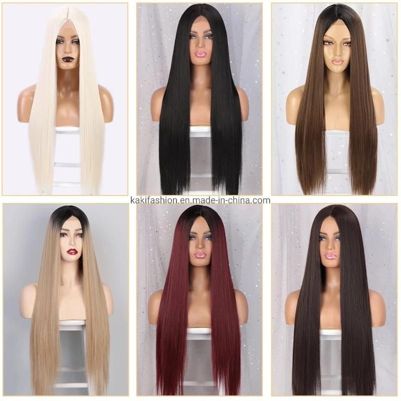 30 Inch Long Silky Straight Brown Wig Middle Part Swiss Lace Wigs Synthetic Wigs for Black Women