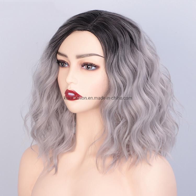 Kakiifashion Hair Top Selling Vendor Wholesale Ombre Gray Curly Water Wave Body Wave Bob for Black Women Synthetic Hair Wigs