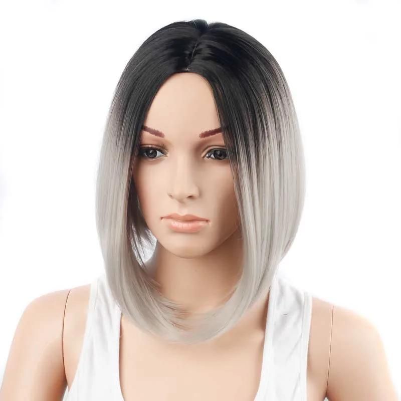 14inch Ombre Grey Straight Bob Wigs Synthetic Short Wigs Hair Products