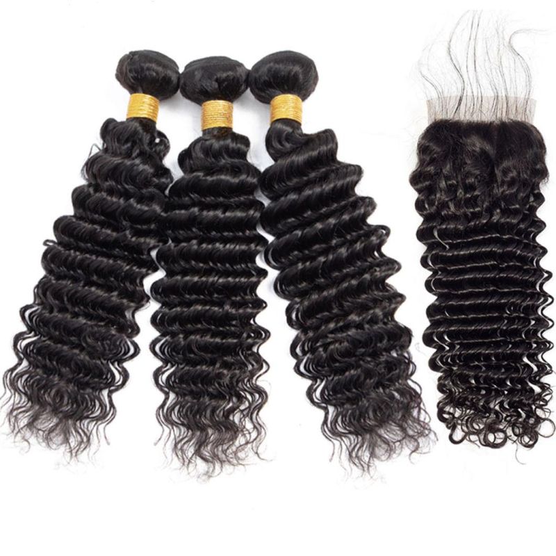 Deep Wave Bundles with Closure 3 Bundles with Closure Remy Human Hair Wavy Bundles for Women Natural Color