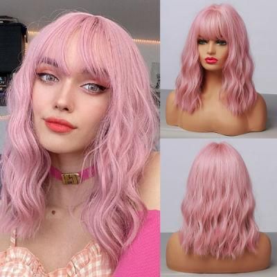 Freeshipping Synthetic Wigs for Women Short Curly Hair Pink Cosplay Daily Use Wig with Bangs Hheat Resistance Fiber Dropshipping Wholesale