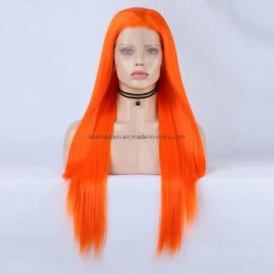 Orange Synthetic Fiber Front Lace Long Straight Hair Matte High Temperature Resistant Wig