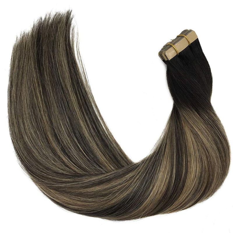 20 Inch Tape in Hair Extensions Human Hair Balayage Natural Black to Light Blonde Color Real Hair Extensions 20PCS 50g Straight Tape in Hair Extensions