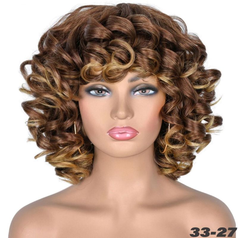 Brazilian Human Hair Short Hair Afro Curly Wig with Bangs Loose Fluffy Shoulder Length Natural Lace Front Wigs for Black Women 14 Inches
