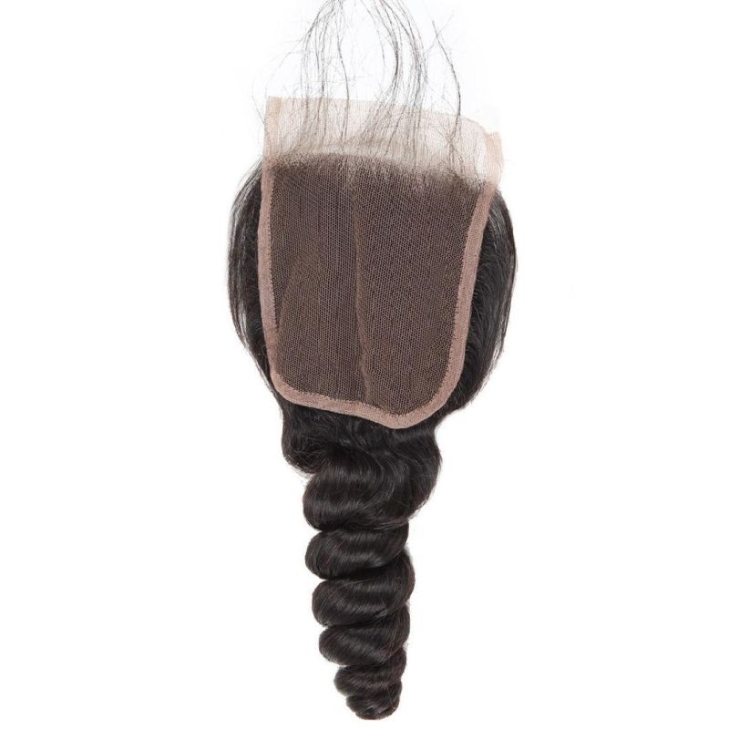 7A Virgin 4*4 Non-Remy Lace Frontal Closure Loose Wavy Free Part Hair Weave #Black