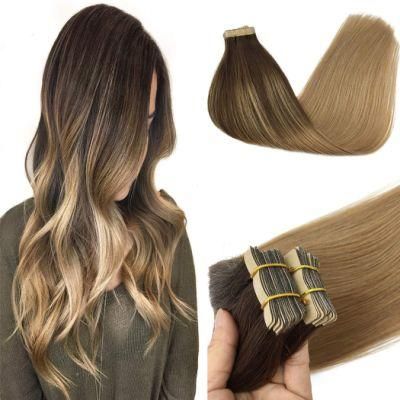 Human Hair Tape in Extensions Chocolate Brown Fading to Dirty Blonde 22 Inch Straight 20PCS 50g Tape in Remy Hair Extensions