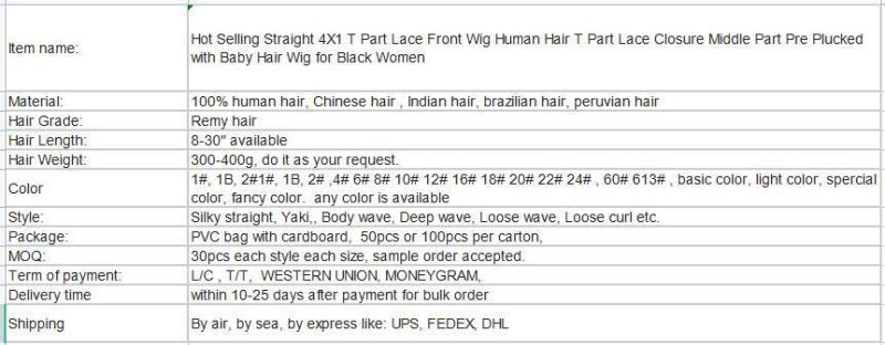 Hot Selling Straight 4X1 T Part Lace Front Wig Human Hair T Part Lace Closure Middle Part Pre Plucked with Baby Hair Wig for Black Women
