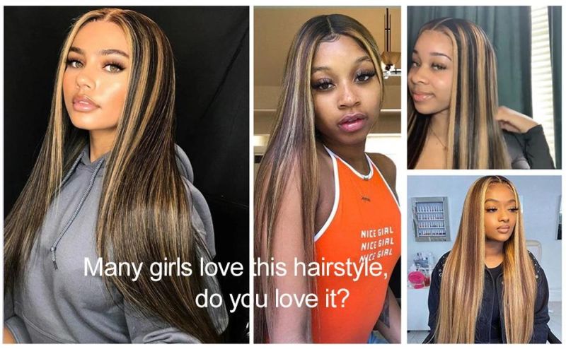 Highlight Ombre Brown Color Synthetic Long Straight Lace Wigs Human Hair