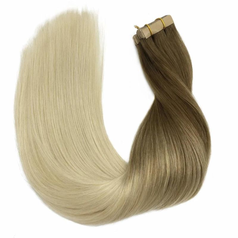 Tape in Hair Extensions 16 Inch Ombre Ash Brown to Platinum Blonde Real Hair Extensions Human Hair 20PCS 50g Remy Hair Extensions Straight