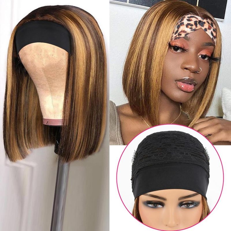 Highlight Wig Human Hair Brazilian Straight Headband Wigs Soft Bone Straight Bob Wig Brown Colored Human Hair Wigs for Women 12 Inches