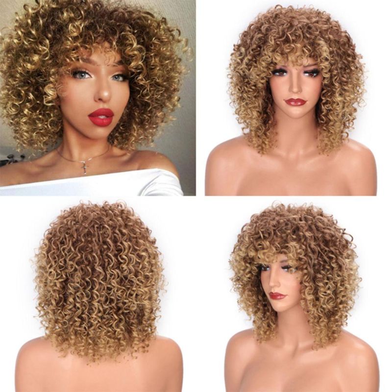 Synthetic Wigs Short Multi Color Wig Afro Kinky Curly Wigs with Bangs for Black Women Blonde Highlight Wigs