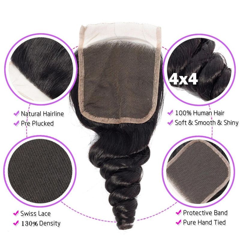 Human Hair Loose Wave Bundles with Closure Brazilian Hair Weave Bundles with Swiss HD Transparent Lace Closure with Bundles with Frontal Natural Black