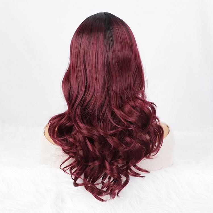 Synthetic Wigs with Dark Roots Ombre Wine Red Body Wave Middle Part Long Heat Resistant Fiber Hair for Women